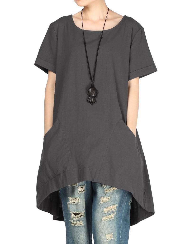 Minibee Women's Cotton Linen Short Sleeve Tunic/Top Tees (L, Dark Gray) - Image 2